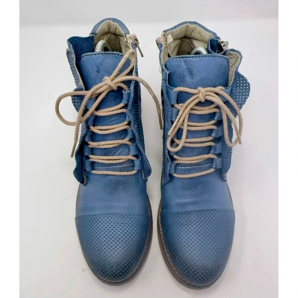 DEKY Italy Blue Leather Perforated Lace Up Ankle Boots Womens 40 US 9 Luxury